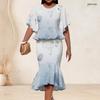 Women Plus Size Round Neck Printed Batwing Sleeve Ruffle Hem Top Fishtail Skirt Two Piece Set