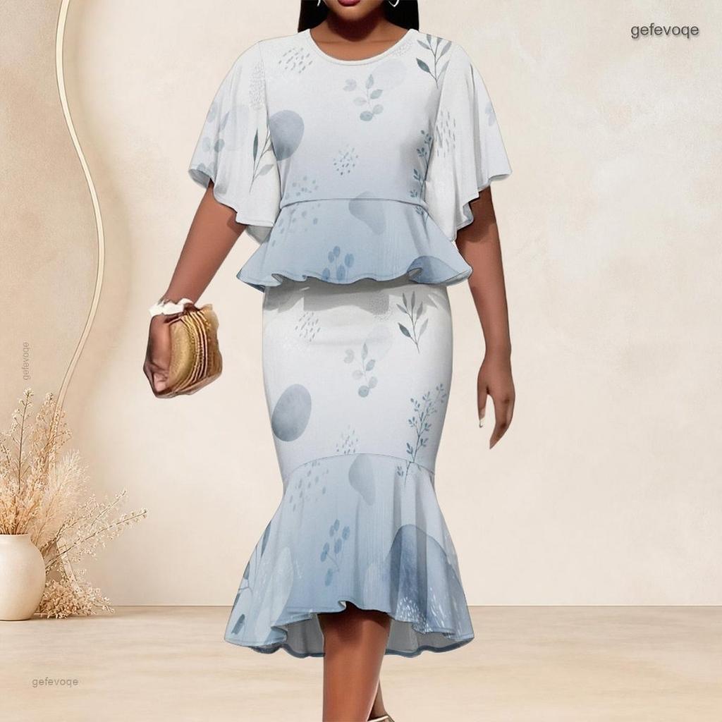 Women Plus Size Round Neck Printed Batwing Sleeve Ruffle Hem Top Fishtail Skirt Two Piece Set