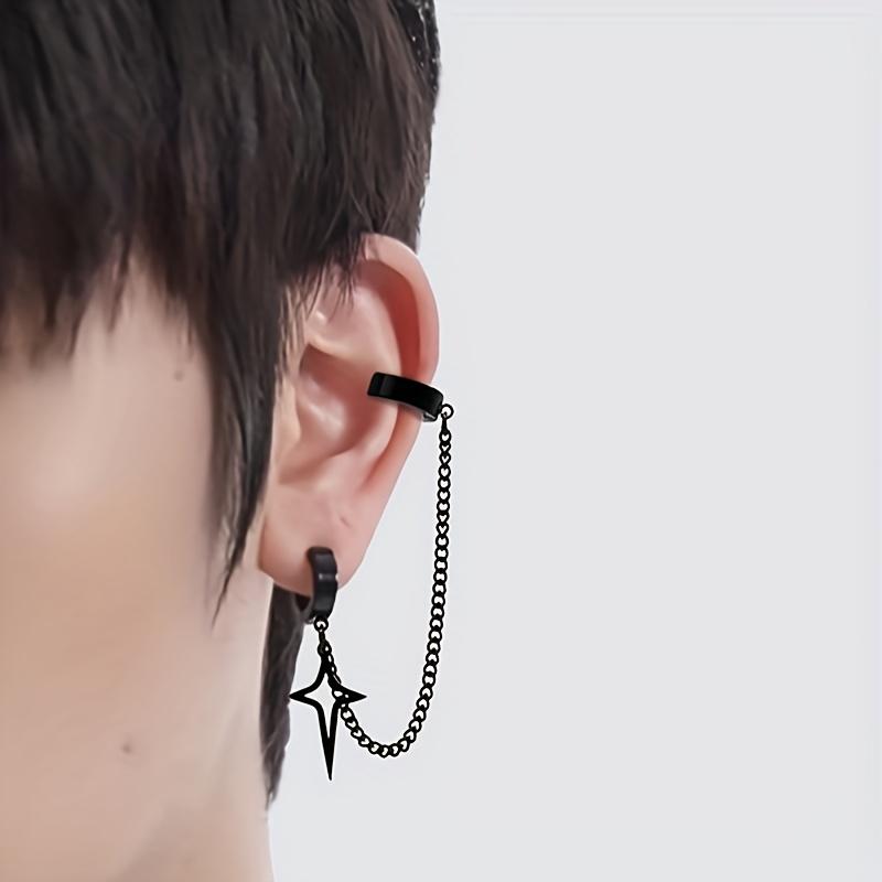 Stainless Steel Hip-Hop Style Personalized Fashion Chain Pendant Design Ear Clip Earrings, No Piercing Jewelry, Unisex