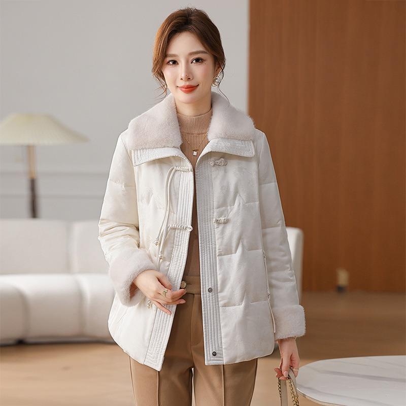 

Winter new button down jacket mother warm lapel white duck down padded jacket women 1XL [recommended 80-50kg]