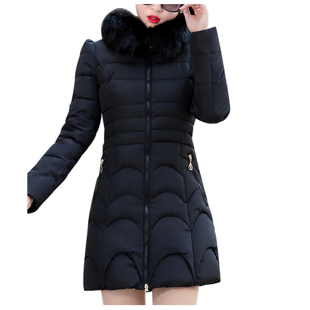Women Hooded Outwear Warm Coat Long Thick Furry Collar Cotton Slim Jacket