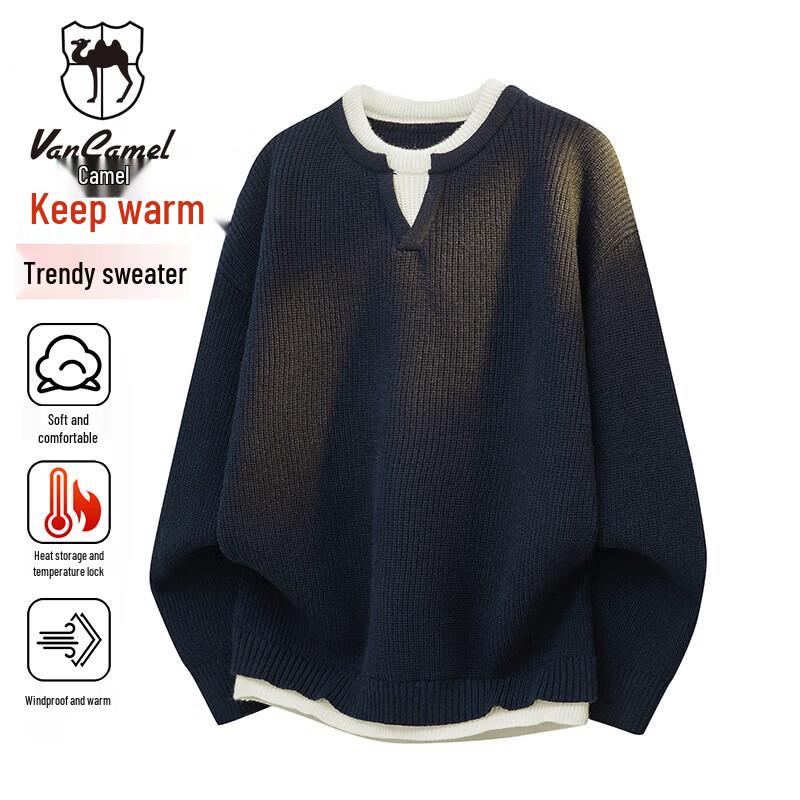 

VANCAMEL Men s Round Neck Faux Two-Piece Knit Sweater 3XL