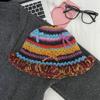 Korean Handcrochet Vintage Rainbow Striped Bucket Hat Women Cute 3D Bowknot Warm Faux Wool Knitted Beanies Fishing Cap
