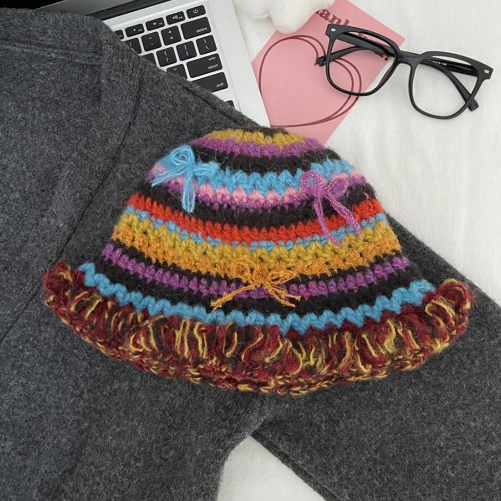 Korean Handcrochet Vintage Rainbow Striped Bucket Hat Women Cute 3D Bowknot Warm Faux Wool Knitted Beanies Fishing Cap