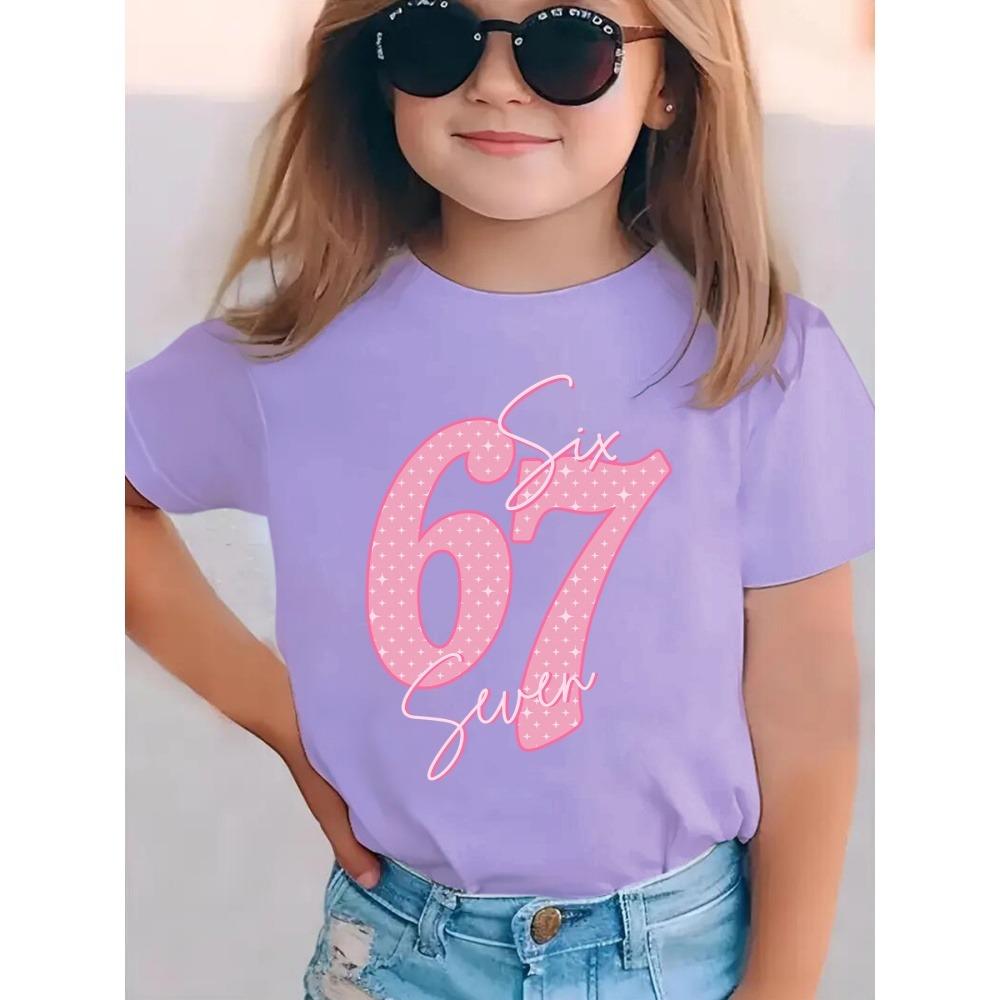 Tricou Fete cu Imprimeu Număr 67 Mânecă Scurtă Gât Rotund Top Casual Tricouri Vară Confortabil Modă Îmbrăcăminte Copii