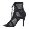 Sexy High Heels Hollow Net Mesh Sandals Women Summer Cross-Tied Peep Toe Heeled Sandals Ankle Strap Dance Shoes Black Sandals