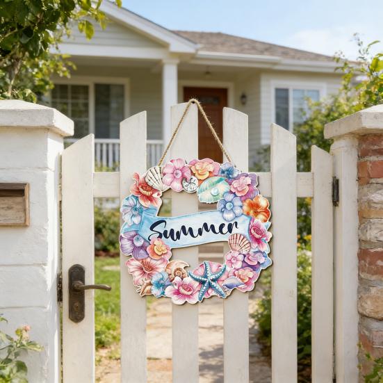 Summer Flower Shell Seastar Welcome Sign for Front Door Wooden Wall Hanging Sign Coastal Beach Round Wreath for Outside Porch Decor