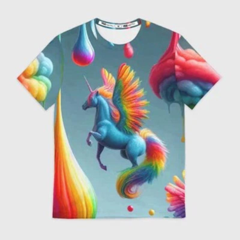 Children's Cartoon Unicorn Print Multi-color T-shirts Girls Fashionable Sof Comfortable T-shirt