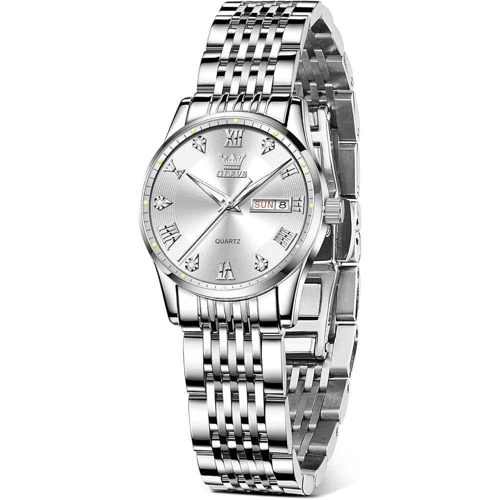 OLEVS Ladies Watch Analog Quartz Waterproof Silver Stainless Steel Band Lightweight White Dial with Date Display