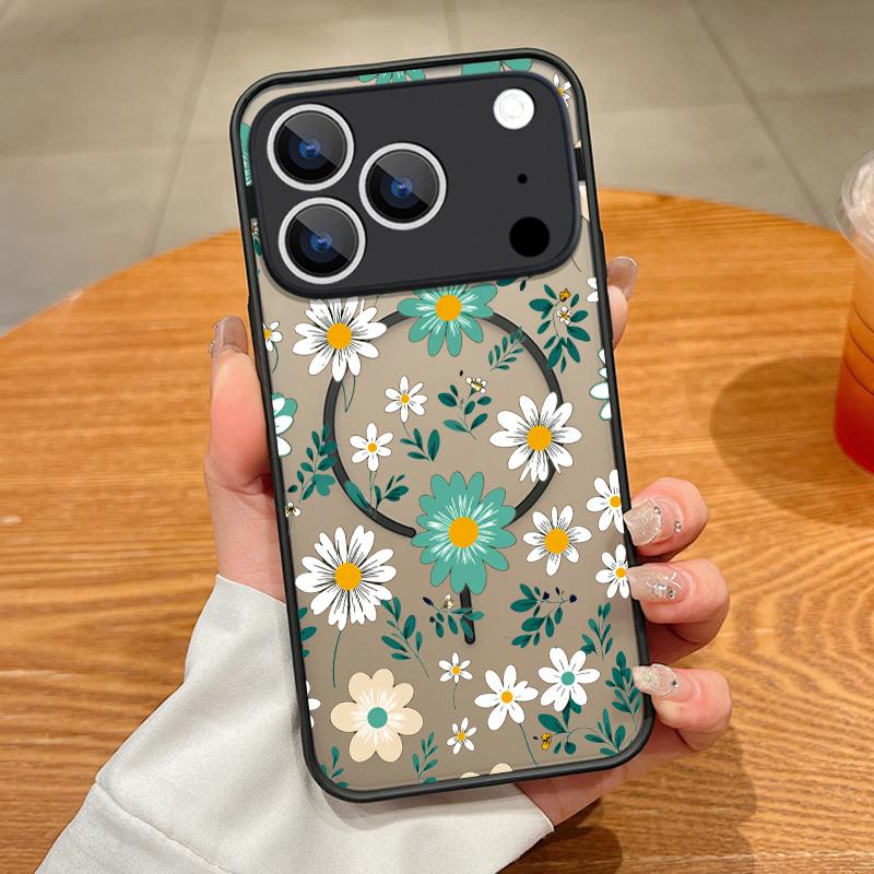Translucent Matte Magnetic Case For iPhone 17 16 15 Pro 14 13 Pro Max 16e 17e For Magsafe Cartoon Flower Hard PC Phone Cover