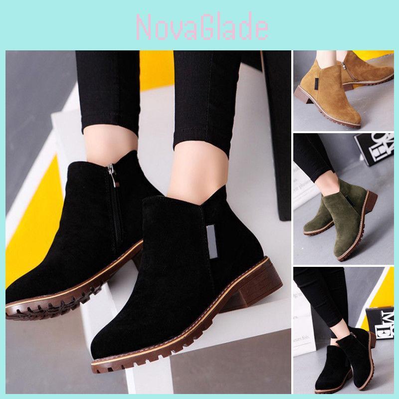 Cozy Womens Faux Suede Ankle Boots Shoes With Chunky Low Heel For Winter
