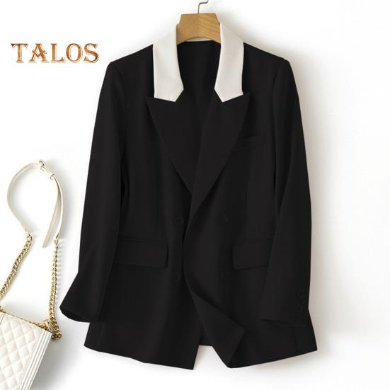 Women Casual Suit Coat Notched Lapel Long Sleeve Patchwork Color Suit Jacket Double Breasted Flap Pockets Loose Fit Office Lady Outwear