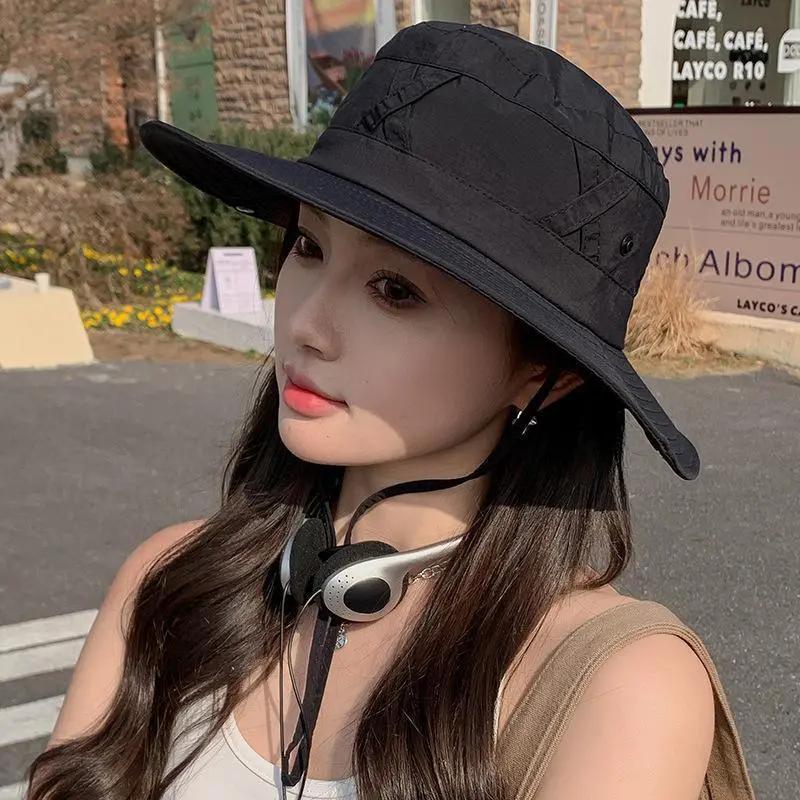 WTEMPO Windproof Roped Solid Color Spring Summer Foldable Hats Women's Wide Brim Travel Beach Hiking Breathable Hats