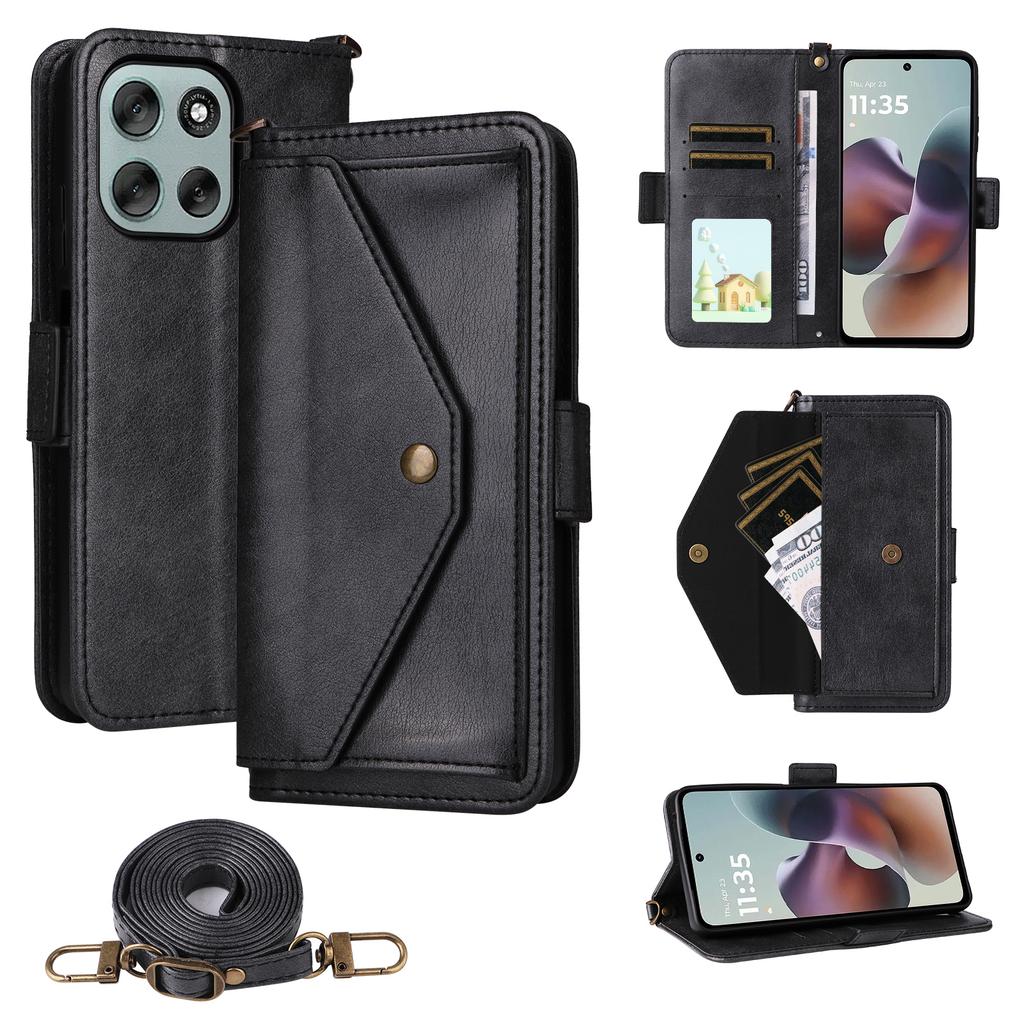 For Motorola Moto G56 5G Leather Case Magnetic Closure Wallet Stand Phone Cover with Crossbody Strap