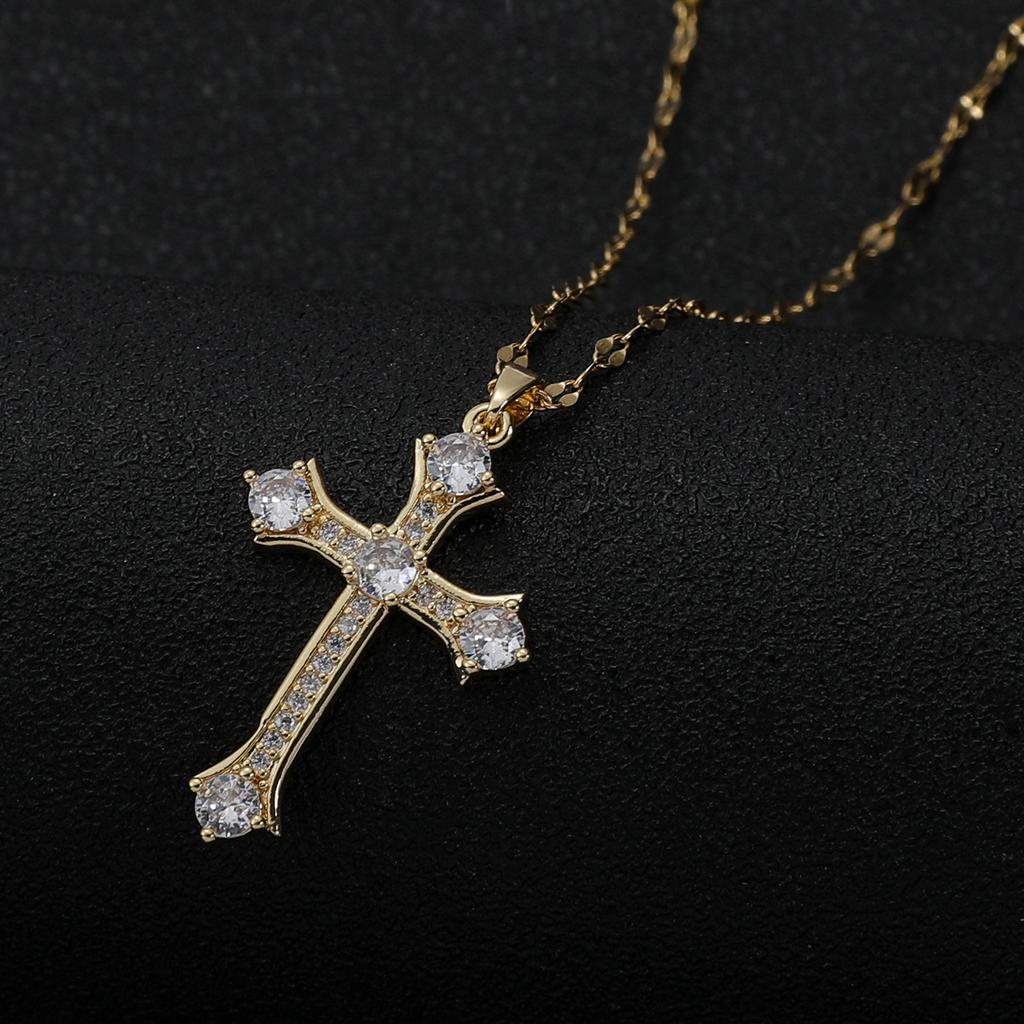 Stainless steel micro-inlaid large diamond cross necklace for women