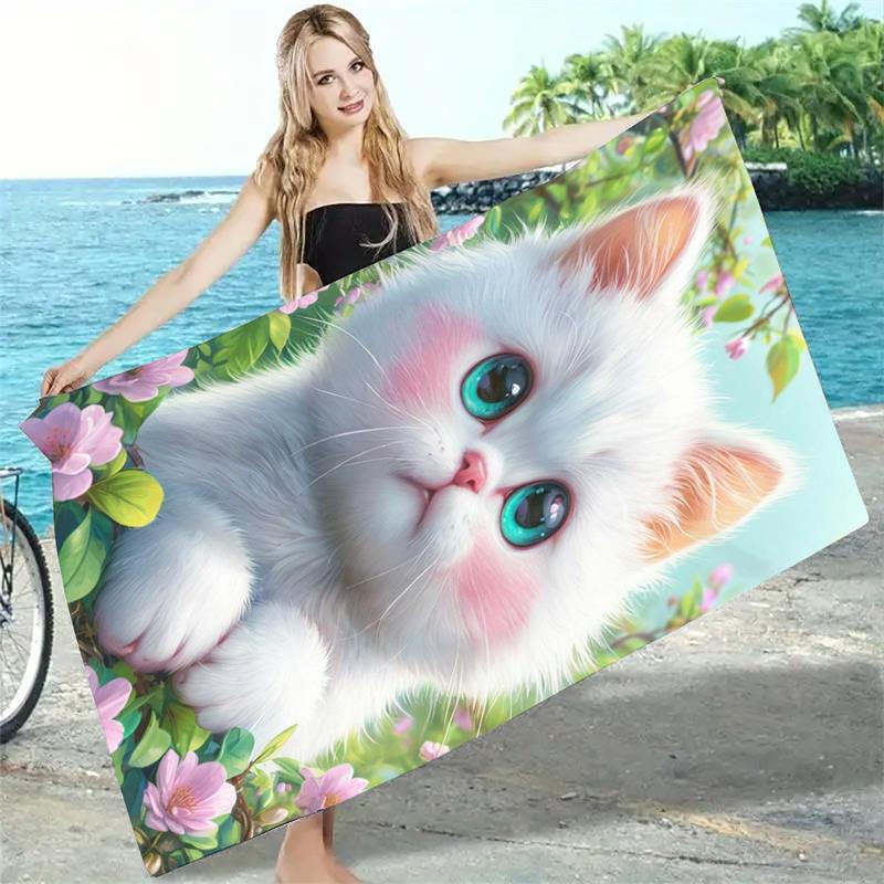 1PC  Cute White Cat Print Beach Towel, Quick Dry Sand Free Oversized Towel