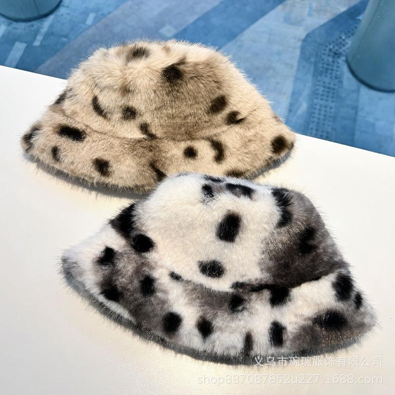 Stylish atmosphere imitation mink leopard print hairy bucket hat women autumn and winter big brim show face small Internet celebrity photogenic basin