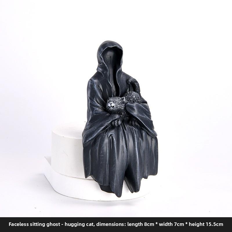 Halloween Black Robe Figurine - Black-faced Ghost for Home, Table, Car Decoration, Resin Small Halloween Decoration