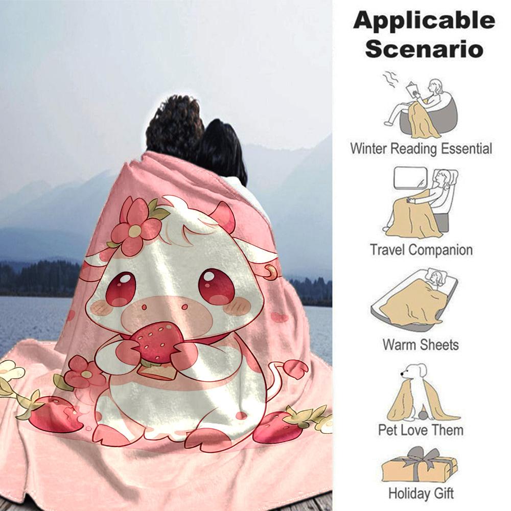1pc Cow Strawberry blanket Lightweight Flannel Throw for Sofa Bed Travel Camping Livingroom Office Couch Chair