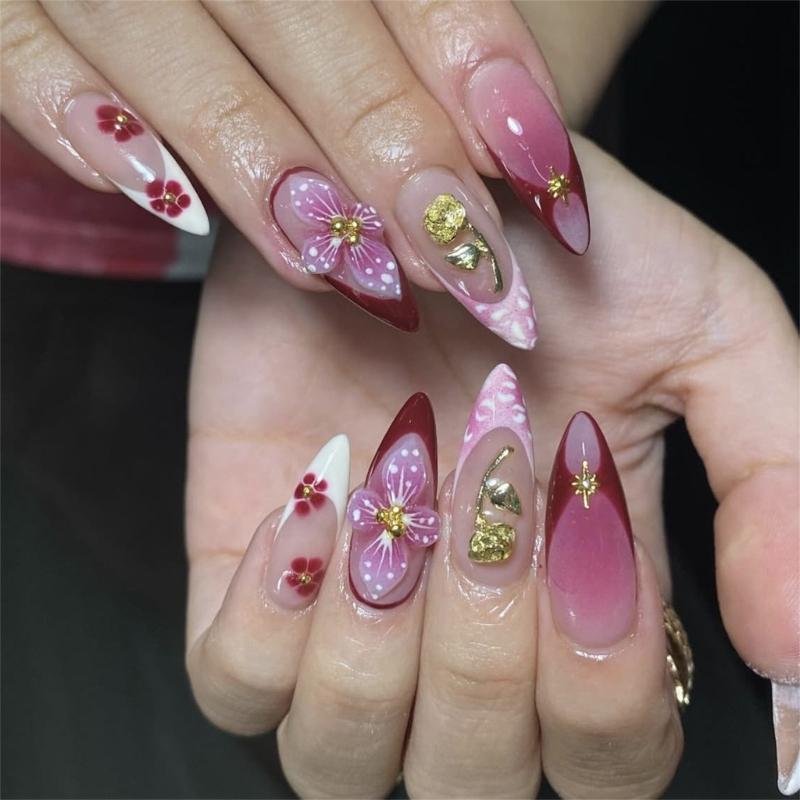 Easy Apply False Nail with Pink Gradient 3D Flower Design Almond Shape Artificial Nail for Quick Fashion Nail Art 1