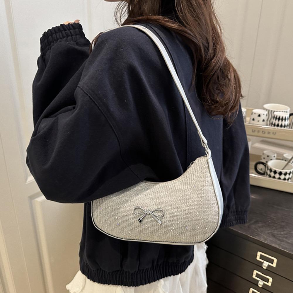 Shiny Underarm Tote Bag Solid Color Women Handbag Fashion Bowknot Shoulder Bag  Girls