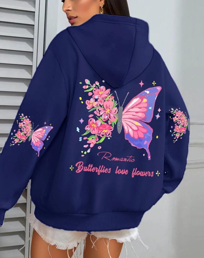 Butterfly Love Floral Print Women's Fleece Hoodie - Loose Fit with Pockets