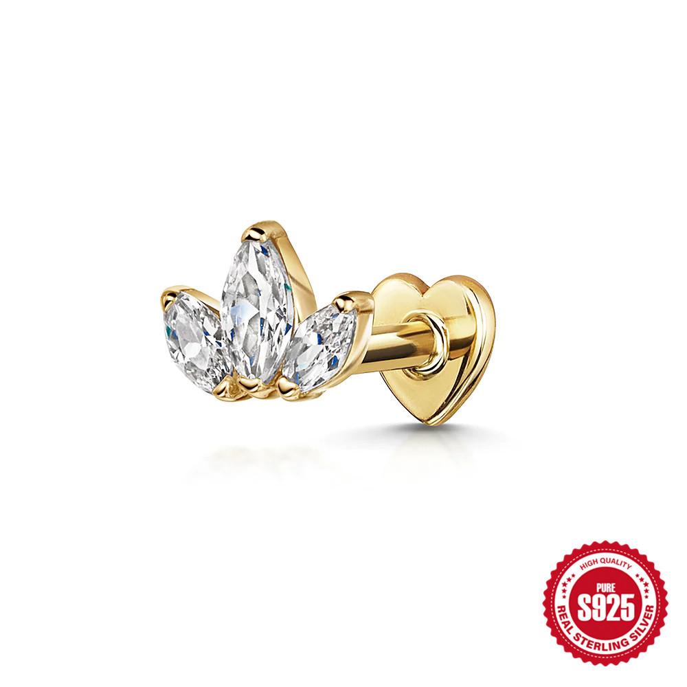 14K Gold Plated Solid 925 Sterling Silver Post Flat Back Stud Earrings for Women Cartilage Helix Piercing Cubic Zirconia Earring