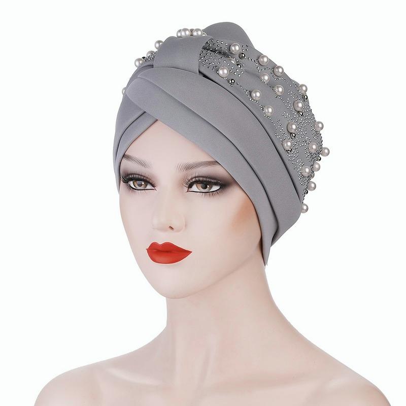 Women's Solid Color Hot Drilling Pearl Turban Hat Cap Head Hat Accessories