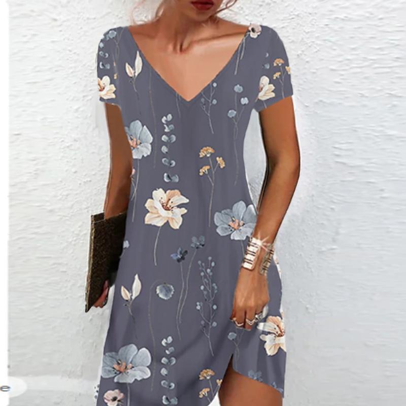 Sommermote Dame V-hals Kort Erme Retro Blomsterprint Kjole Sex Korte Skjørt Kjoler