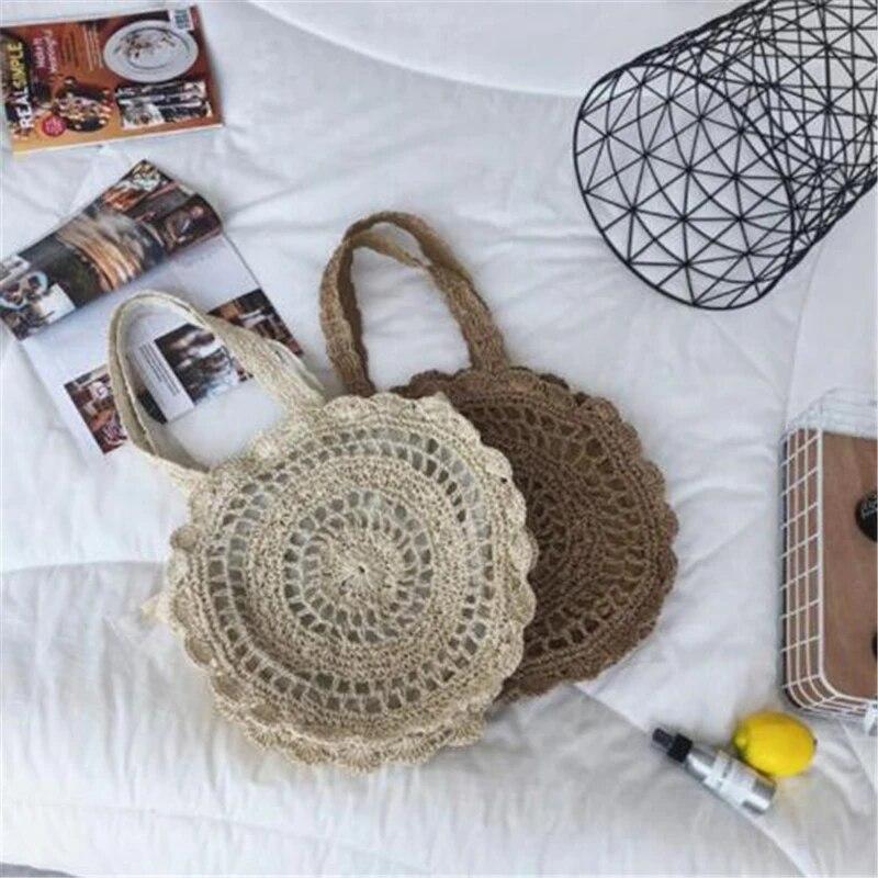 Böhmische Strohtaschen für Frauen, Kreis-Strand-Handtaschen, Sommer-Rattan-Umhängetaschen, handgefertigt, gestrickt, für Reisen, große Tragetaschen, Neu