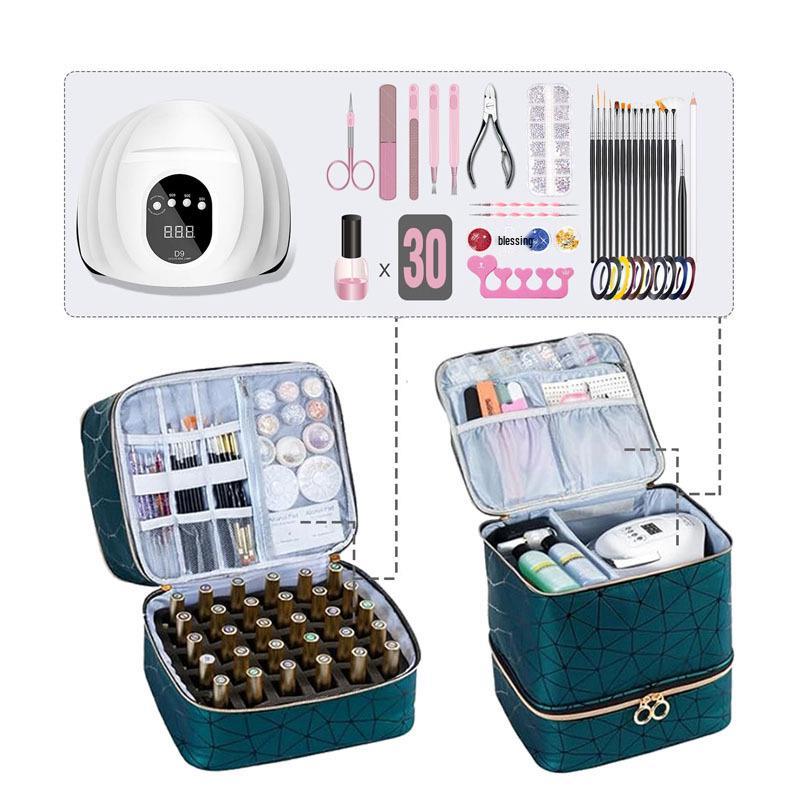 Double-Layer Makeup and Nail Polish Storage Bag - Holds 30 Bottles, Fashionable Large Capacity Handbag for Manicure Tools.