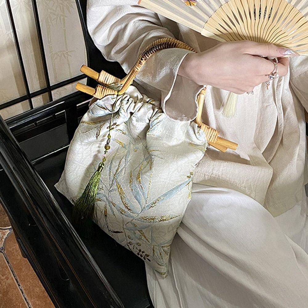 Embroidery New Chinese Style Handbag Printed Rattan Weave Bag Temperament Hanfu Bucket Bag Gift