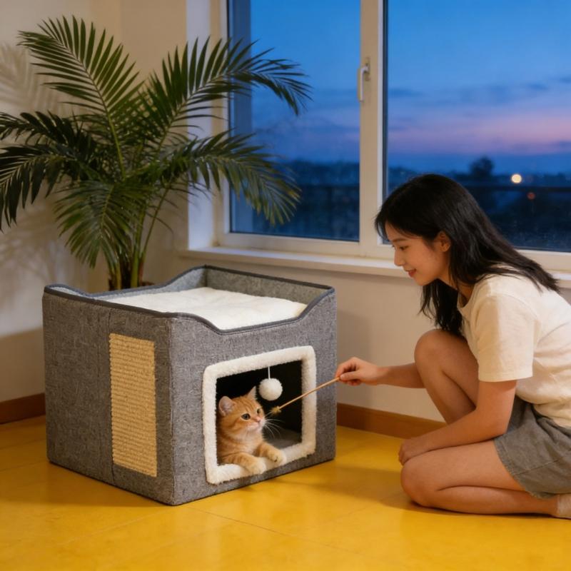 Double Layer Cats Cave Bed with Scratching Pad Foldable Design Space Saving Cats Shelter House for Indoor Habitats