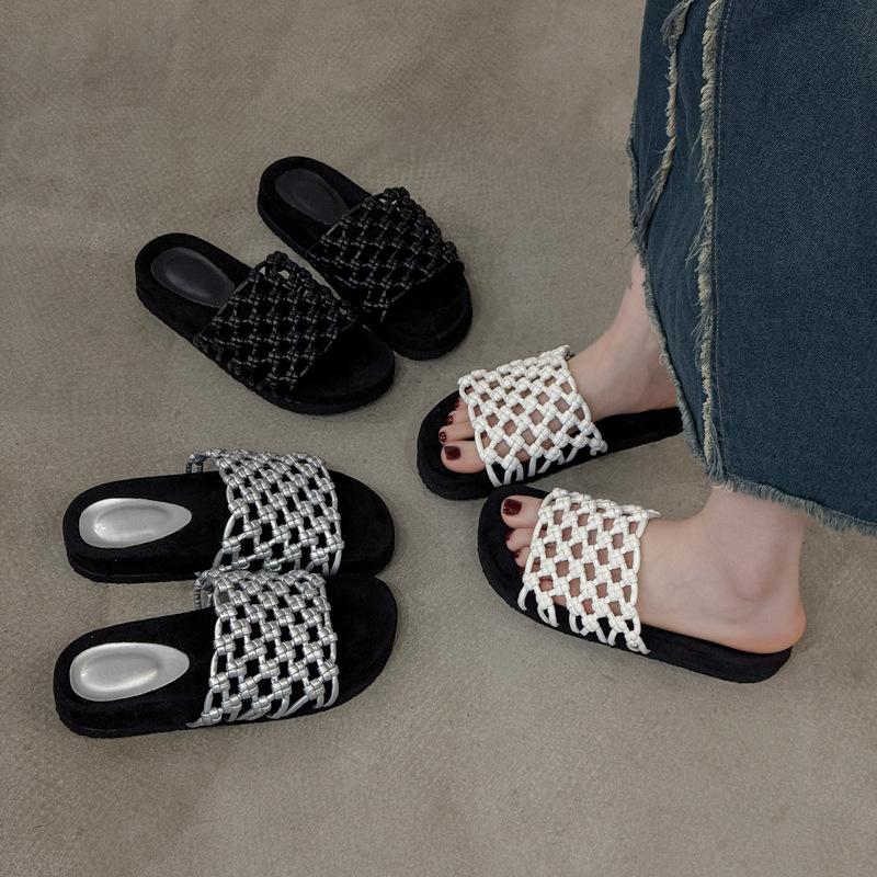 Sheepskin version~ Hand-woven fishing net hollow thick-soled beach shoes women's leather versatile casual round toe sandals