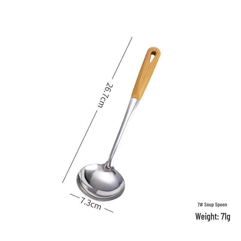 201 Stainless Steel Wood Grain Long Handle Soup Ladle Colander for Hot Pot, Household & Restaurant Kitchen Serving Spoon