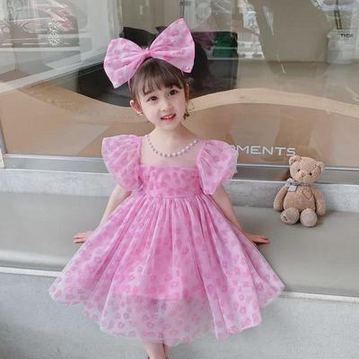 2022 Pink Leopard Print Princess Dress with Pearl Collar & Bow for Girls
