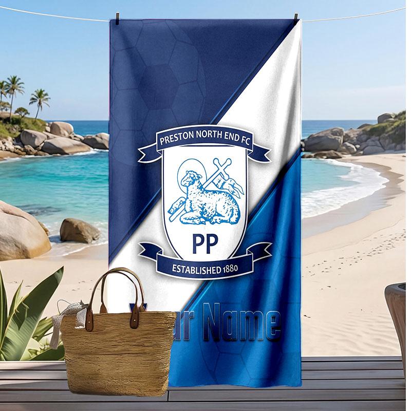 Preston North End Personalisiertes Bedrucktes Strandtuch Fußballlogo Unterstützung Benutzerdefinierter Name Text Saugfähiges Handtuch für Sport Reisen Besonderes Geschenk