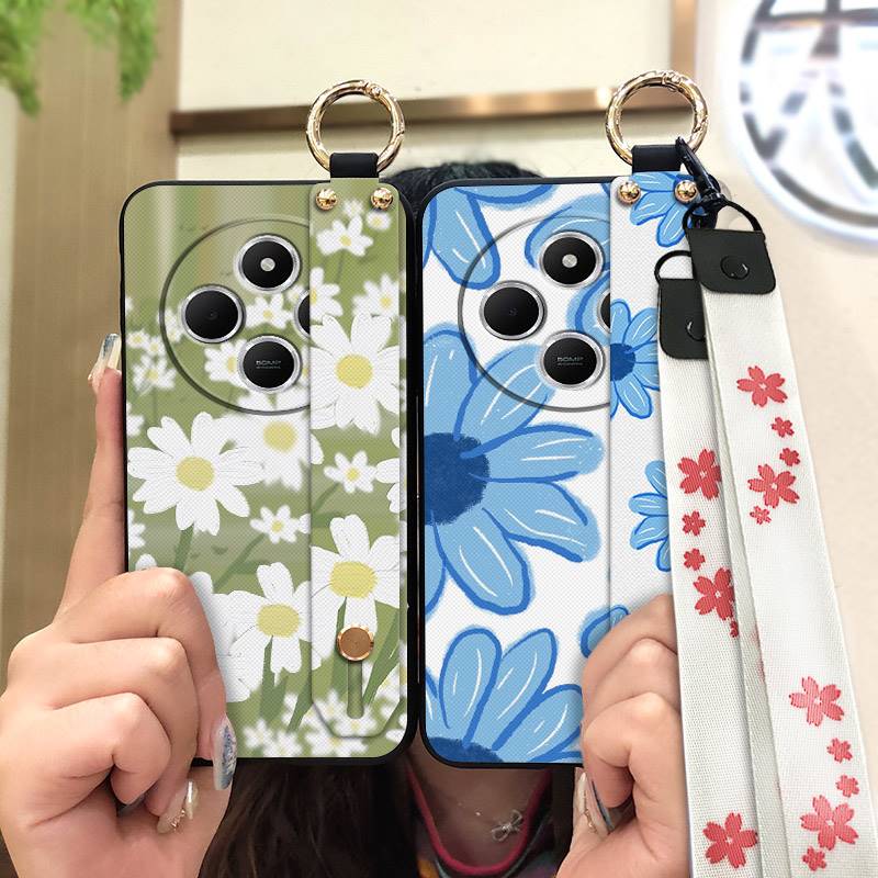 Silicone Soft case Phone Case For Redmi A4 5G Wrist Strap Ring Kickstand Flower Anti-dust Lanyard Phone Holder Durable