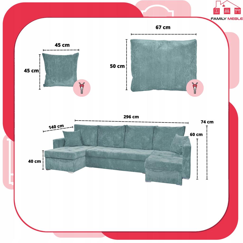 Bonito BIG Corner Sofa Bed Family Meble Corduroy Green