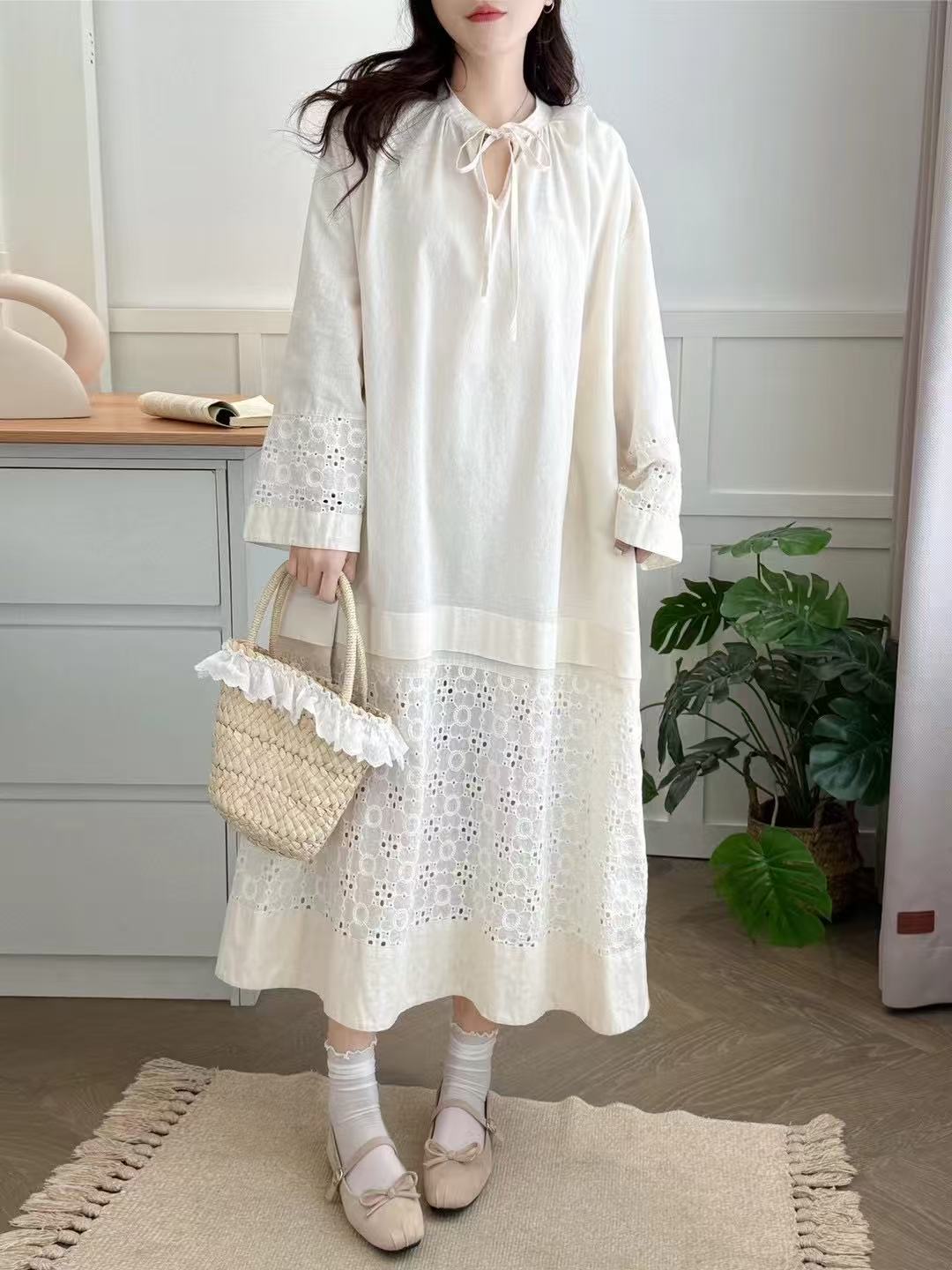 

Johnature Round Neck Dress Spring Crochet Embroidery Japanese Forest Tie Loose Dresses One Size