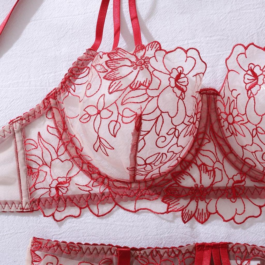 Sexy Sheer Lingerie Set for Women Floral Embroidery Multi-strap Bra Set Adjustable Split Lingerie Set