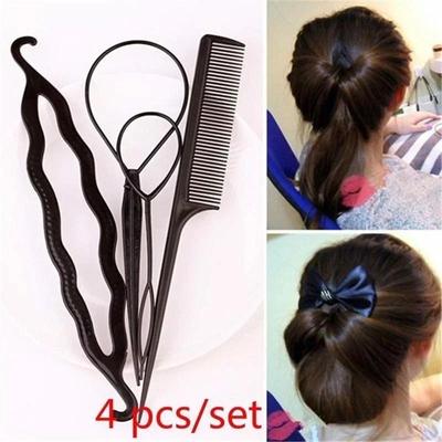 Tragbare 4 Stück Haarstyling-Werkzeuge Flechtwerkzeug Schlaufe Elastische Haargummis Stielkamm Metallspitzkamm Flechtkämme Frisurwerkzeuge