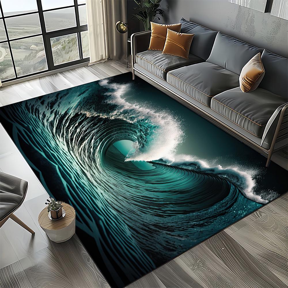 2025 New Style Blue Green Seawater Sea Wave Scenery Carpet Rug for Living Room Bedroom Home Sofa Decoration,Non-slip Floor Mat