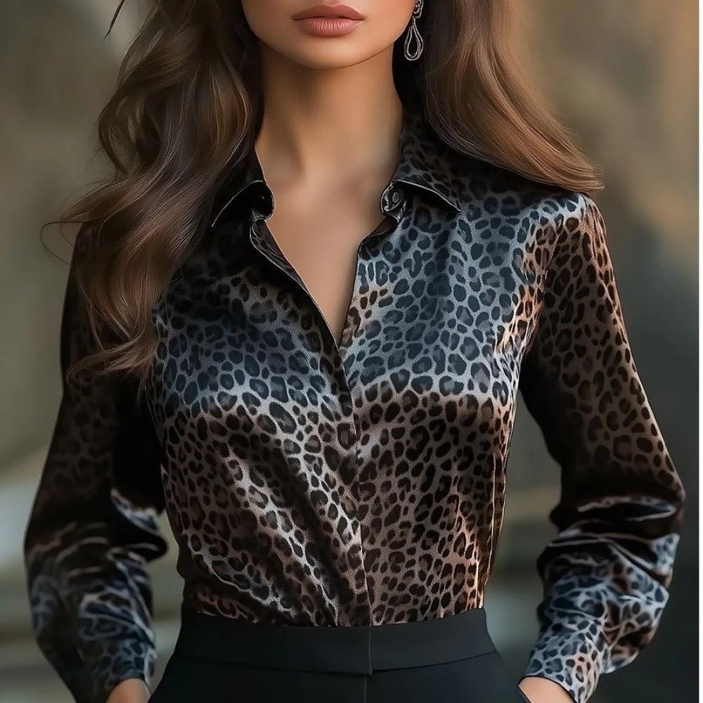 Women's Tops Office Ladies Shirts Button Up Long Sleeve Shirt Fashion Leopard Print Blouse Office