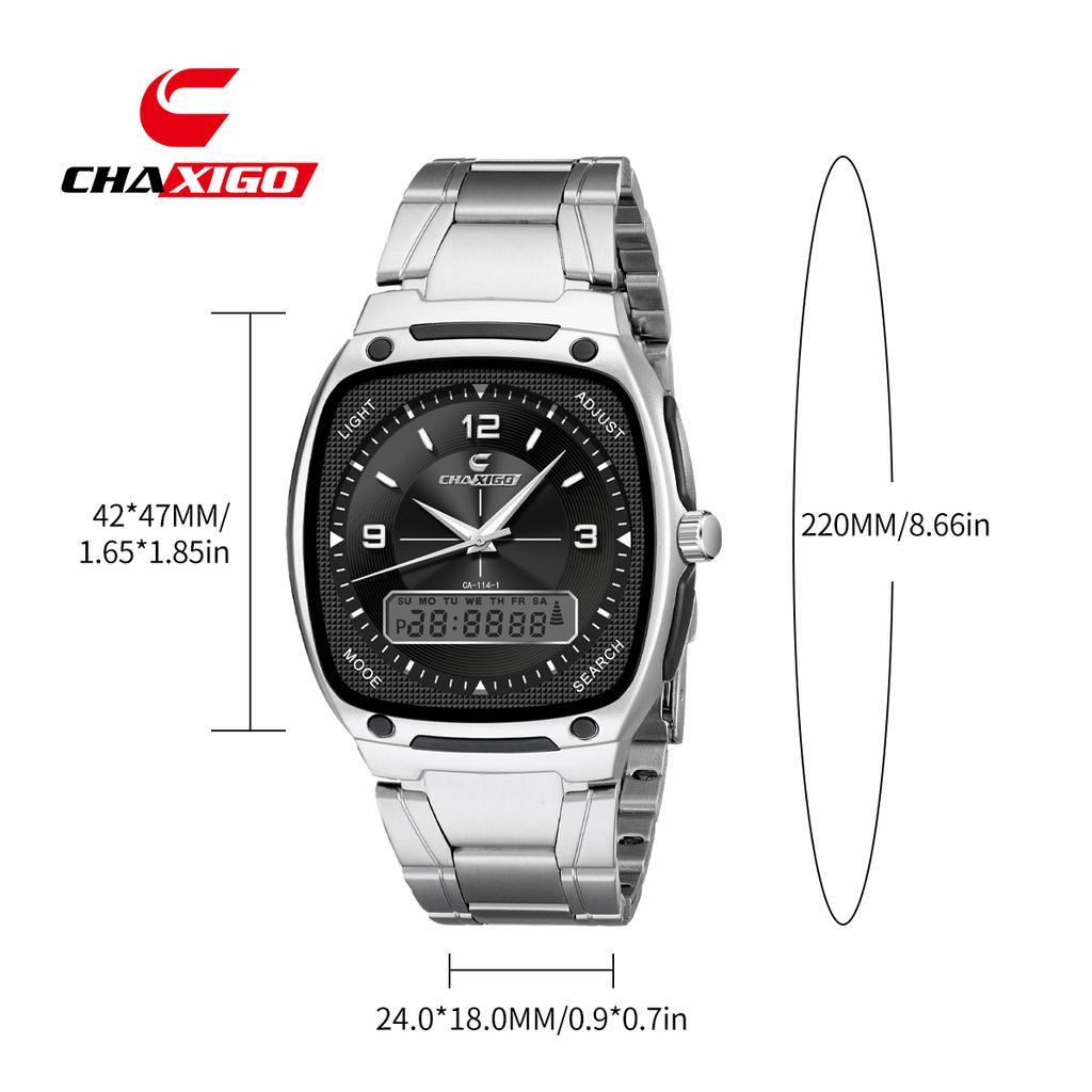 שעון יד אנלוגי לגברים עם תצוגה כפולה, רצועת נירוסטה, מחוגים זוהרים, עמידות למים 30 מ', שעון קוורץ