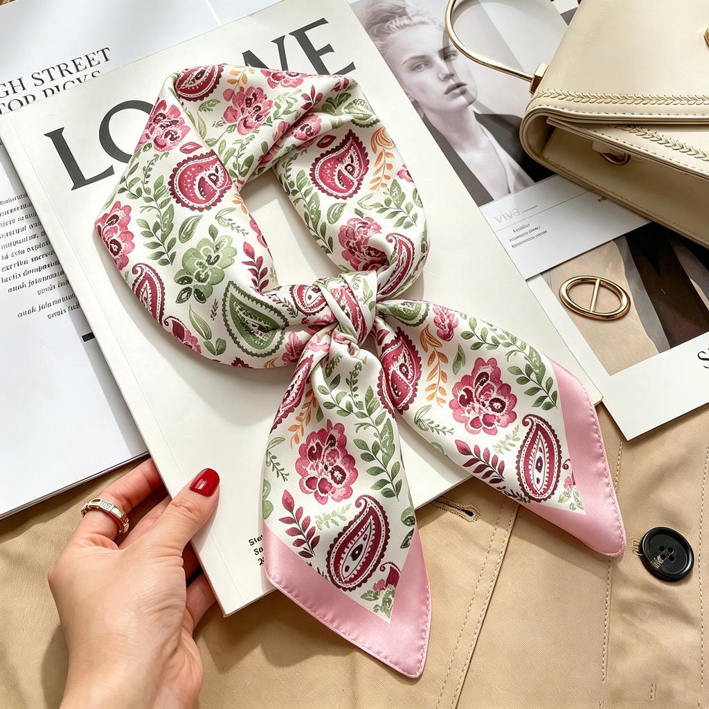 Commuter elegant flower silk scarf women's contrasting color retro printing satin scarf shirt with multi-purpose decorative small scarf