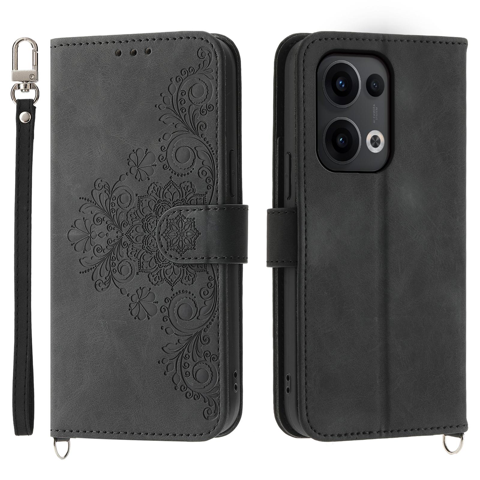 

Для Oppo Reno13 5G (Глобальный) Чехол-кошелек из искусственной кожи с цветочным узором и ремешком Black