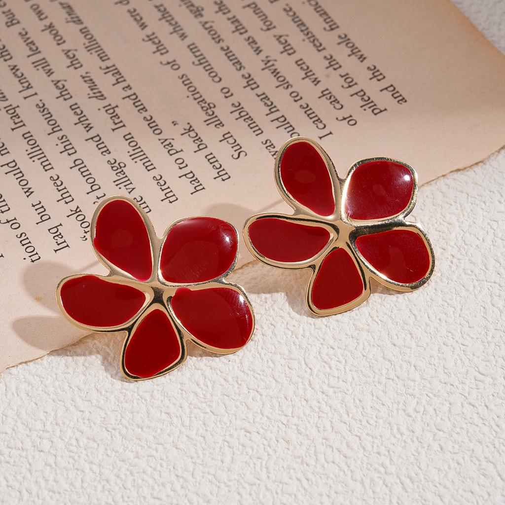 Vintage Oil Drop Flower Silver Needle Earrings Ankara Red Commuter Earrings