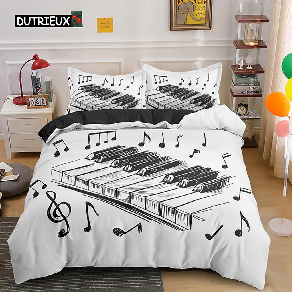 Piano Keys King Queen Duvet Cover 3D Cartoon Musical Notes Bedding Set for Kids Teens Adult Fashion Music Polyester Quilt Cover