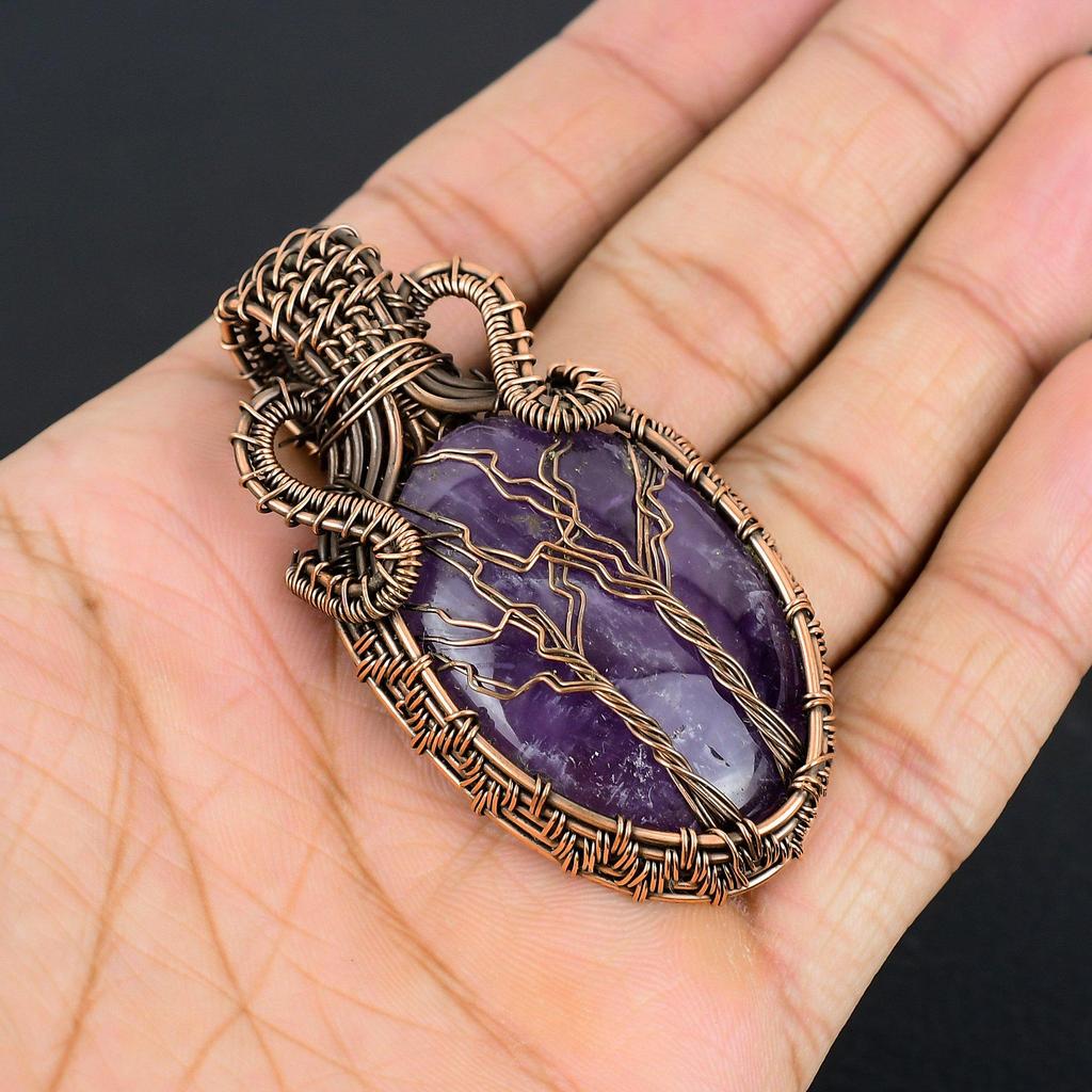 Amethyst Pendant Gemstone Jewelry, 999 Copper Wire Wrapped Pendant, Gift For Women Handmade Pendant
